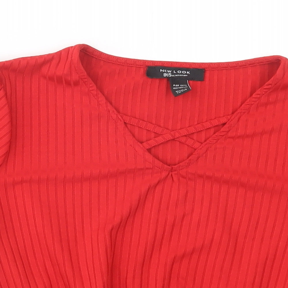New Look Girls Red  Polyester Basic Blouse Size 12-13 Years V-Neck Pullover