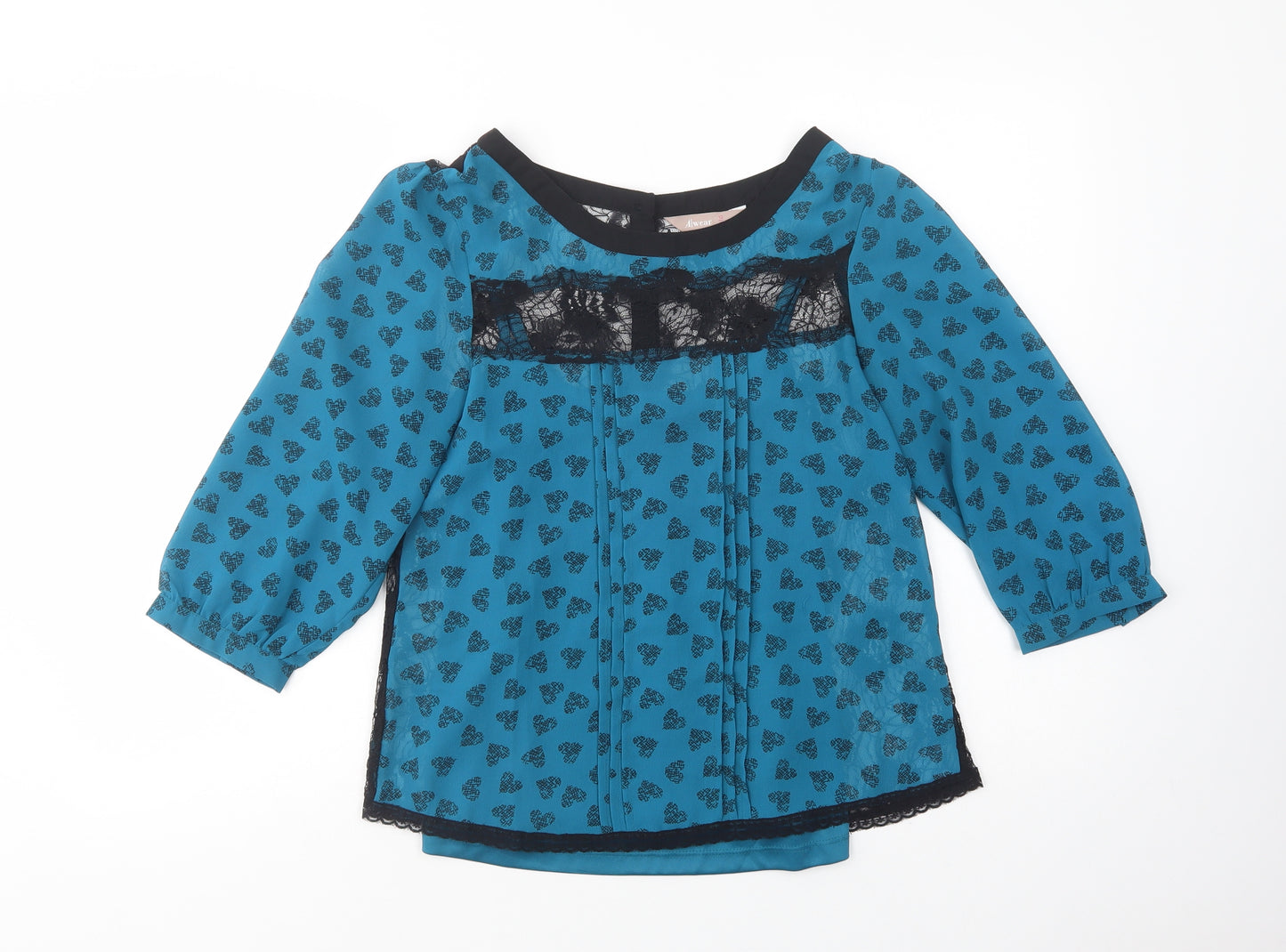 A Wear Womens Blue Geometric Polyester Basic Blouse Size 12 Boat Neck - Lace Detail