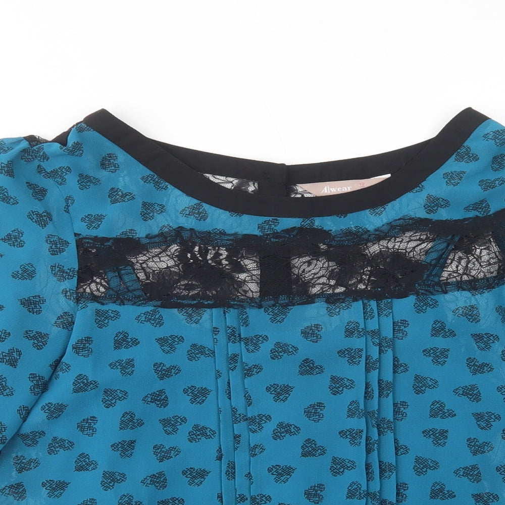 A Wear Womens Blue Geometric Polyester Basic Blouse Size 12 Boat Neck - Lace Detail