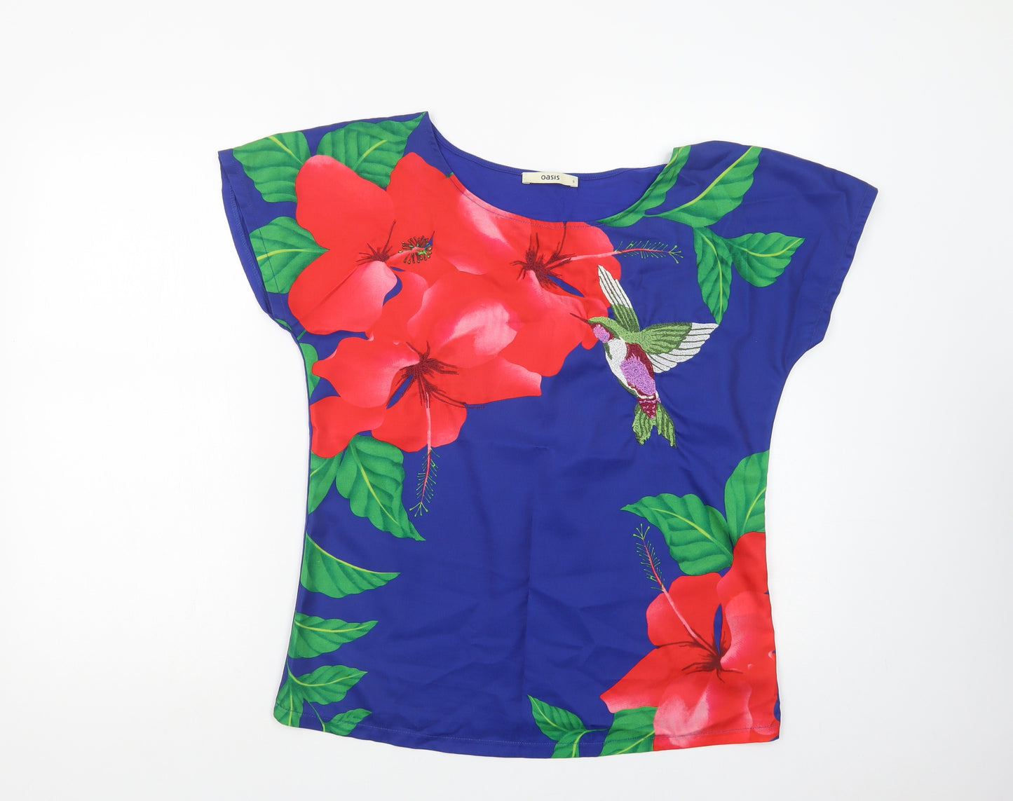 Oasis Womens Blue Floral Polyester Basic Blouse Size S Crew Neck