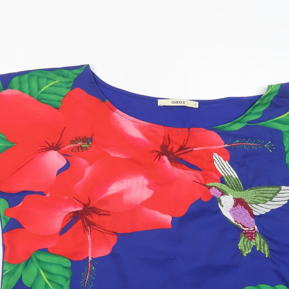 Oasis Womens Blue Floral Polyester Basic Blouse Size S Crew Neck