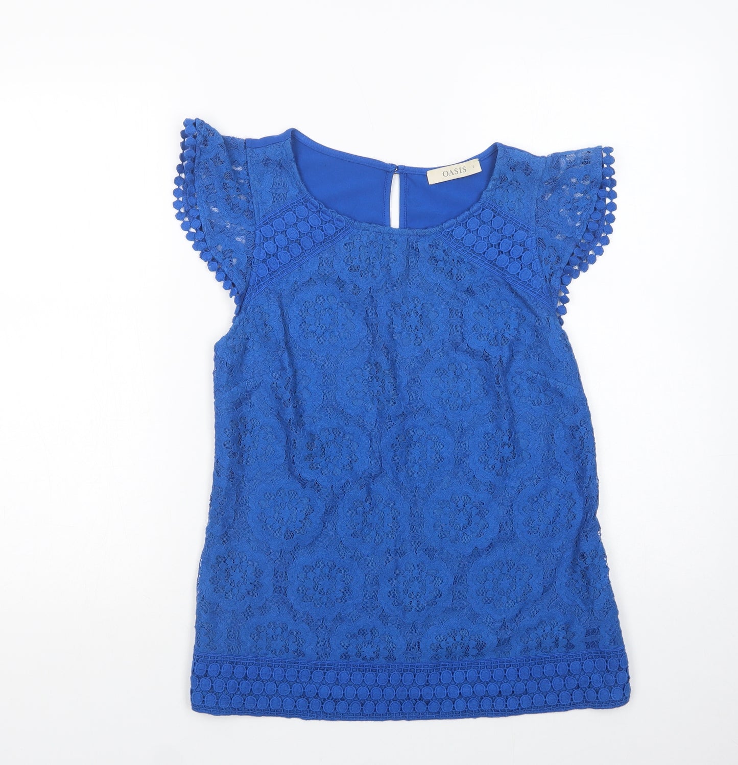 Oasis Womens Blue  Cotton Basic Blouse Size S Crew Neck - Lace Overlay