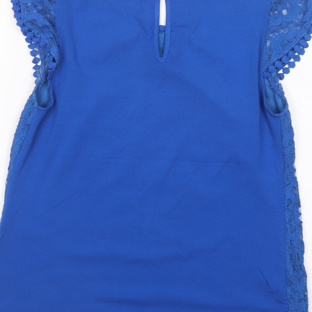 Oasis Womens Blue  Cotton Basic Blouse Size S Crew Neck - Lace Overlay