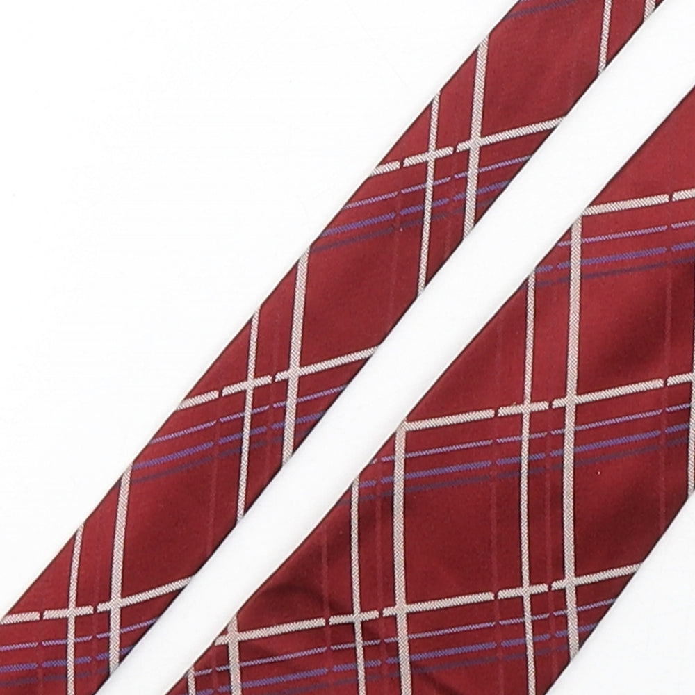 Fellini Mens Red Plaids & Checks Silk Pointed Tie One Size