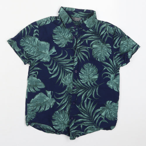 Primark Boys Blue  Cotton Basic Button-Up Size 10-11 Years Collared Button - Leaf Prints
