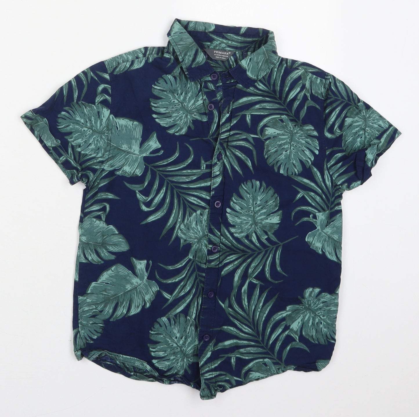 Primark Boys Blue  Cotton Basic Button-Up Size 10-11 Years Collared Button - Leaf Prints