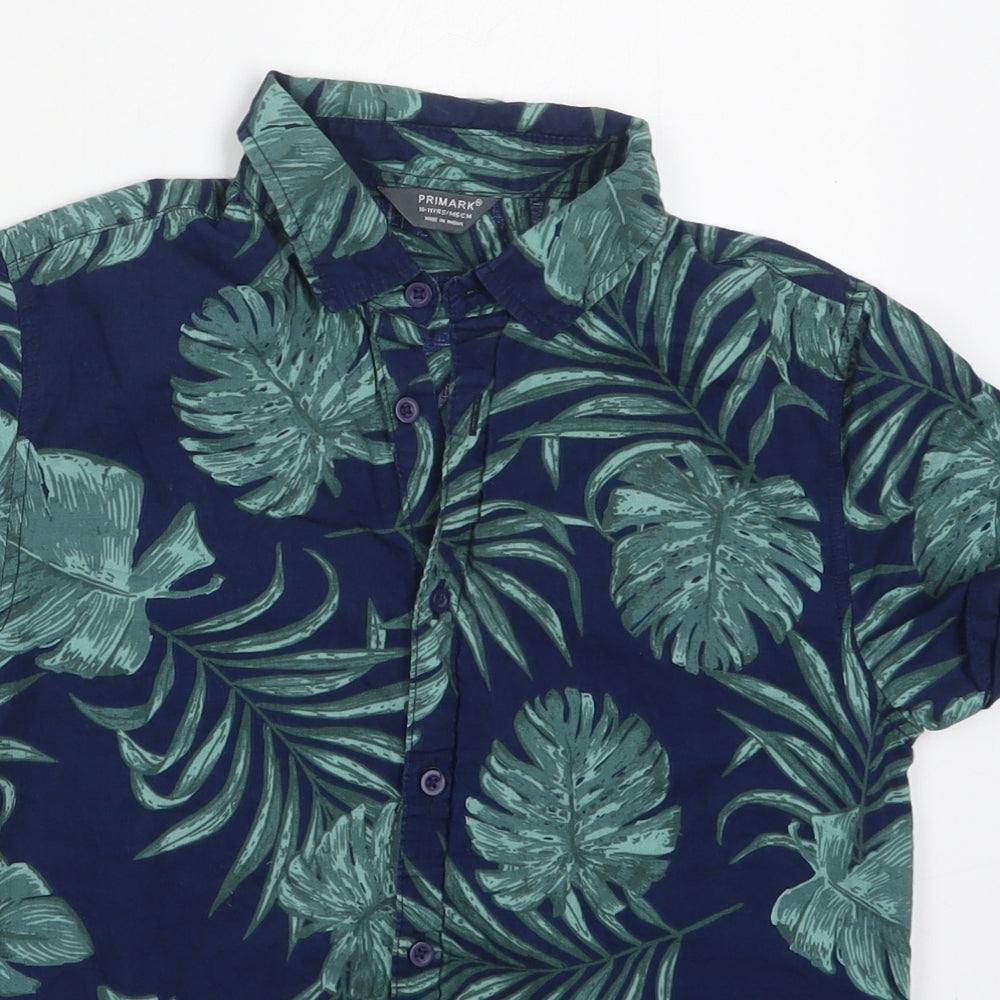 Primark Boys Blue  Cotton Basic Button-Up Size 10-11 Years Collared Button - Leaf Prints