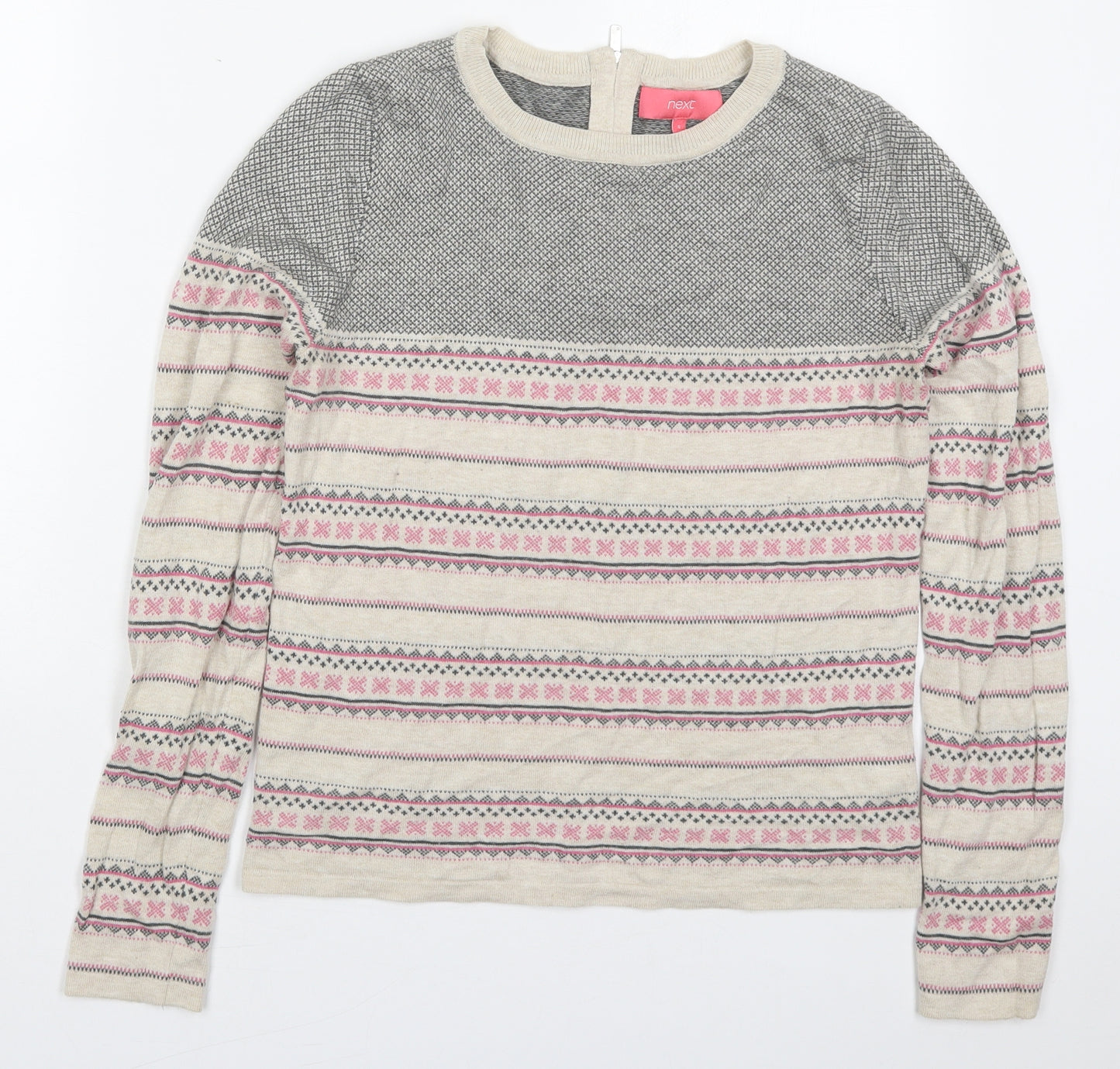 NEXT Womens Beige Crew Neck Geometric Cotton Pullover Jumper Size 6