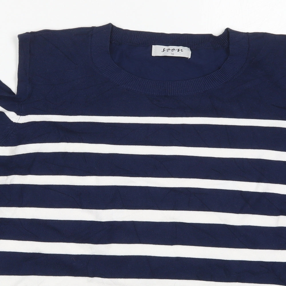 Matalan Womens Blue Crew Neck Striped Viscose Pullover Jumper Size 16