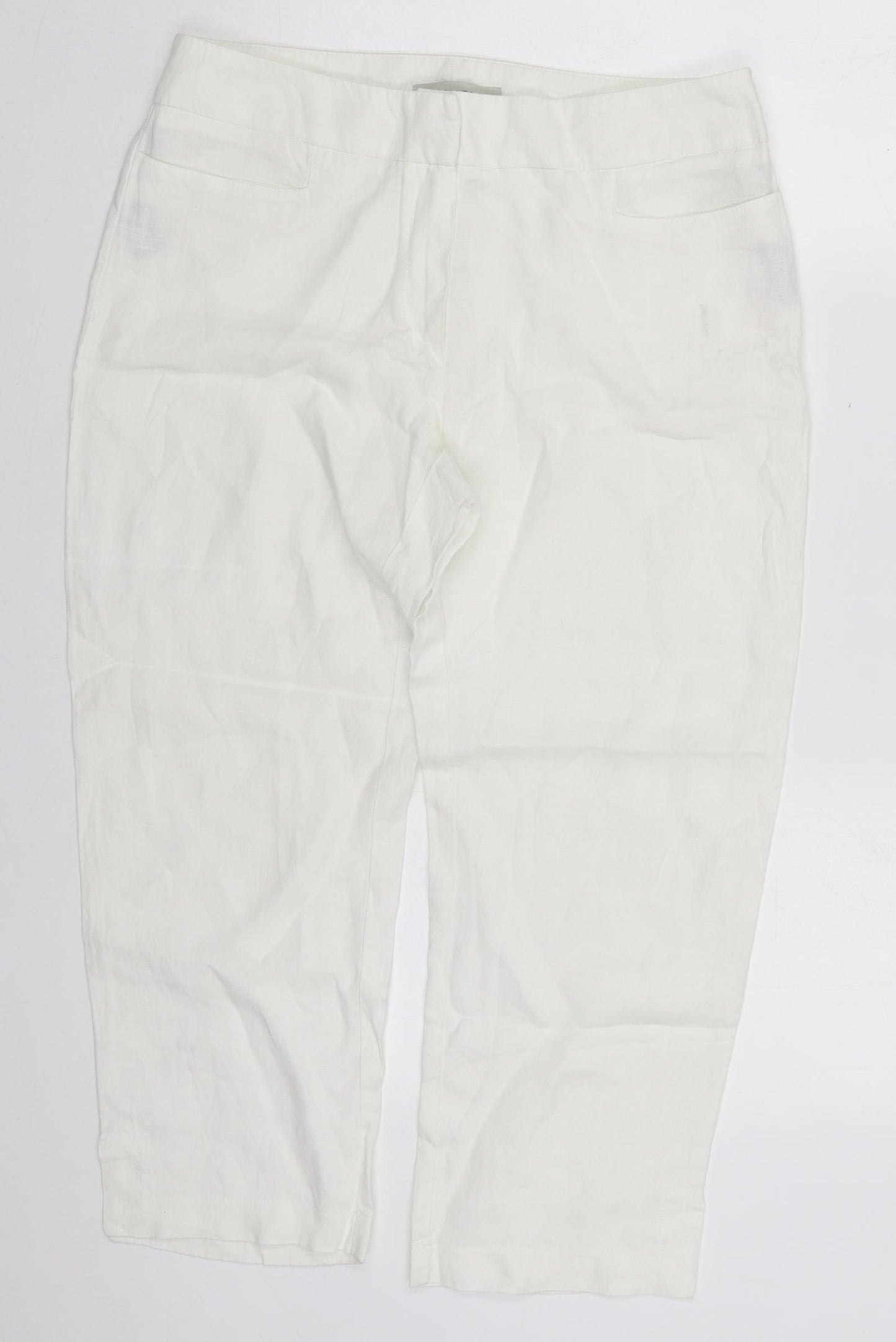 John Lewis Womens White  Linen Cropped Trousers Size 12 L22 in Regular Hook & Eye