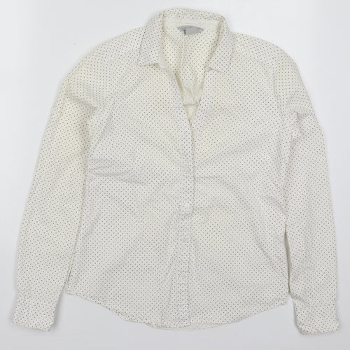 H&M Womens Ivory Polka Dot Cotton Basic Button-Up Size 8 Collared