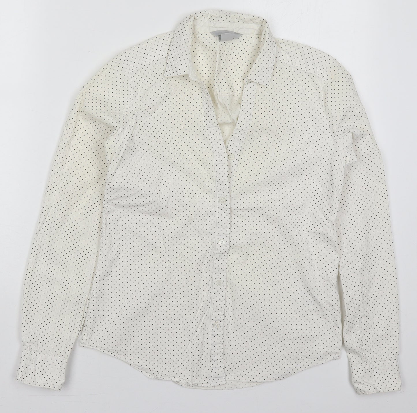H&M Womens Ivory Polka Dot Cotton Basic Button-Up Size 8 Collared