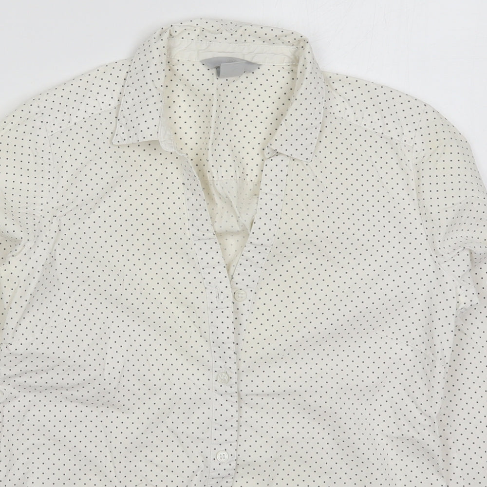 H&M Womens Ivory Polka Dot Cotton Basic Button-Up Size 8 Collared