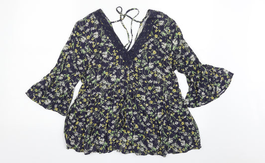 Front view of F&F women’s blue floral viscose basic blouse, size UK 8, v-neck - tie