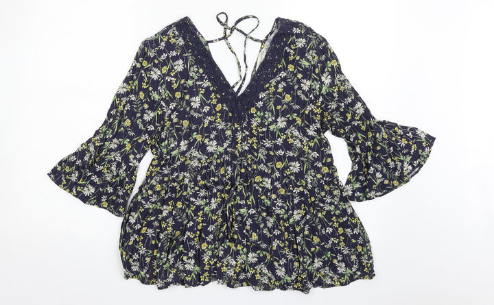 F&F Womens Blue Floral Viscose Basic Blouse Size 8 V-Neck - Tie