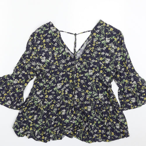 F&F Womens Blue Floral Viscose Basic Blouse Size 8 V-Neck - Tie
