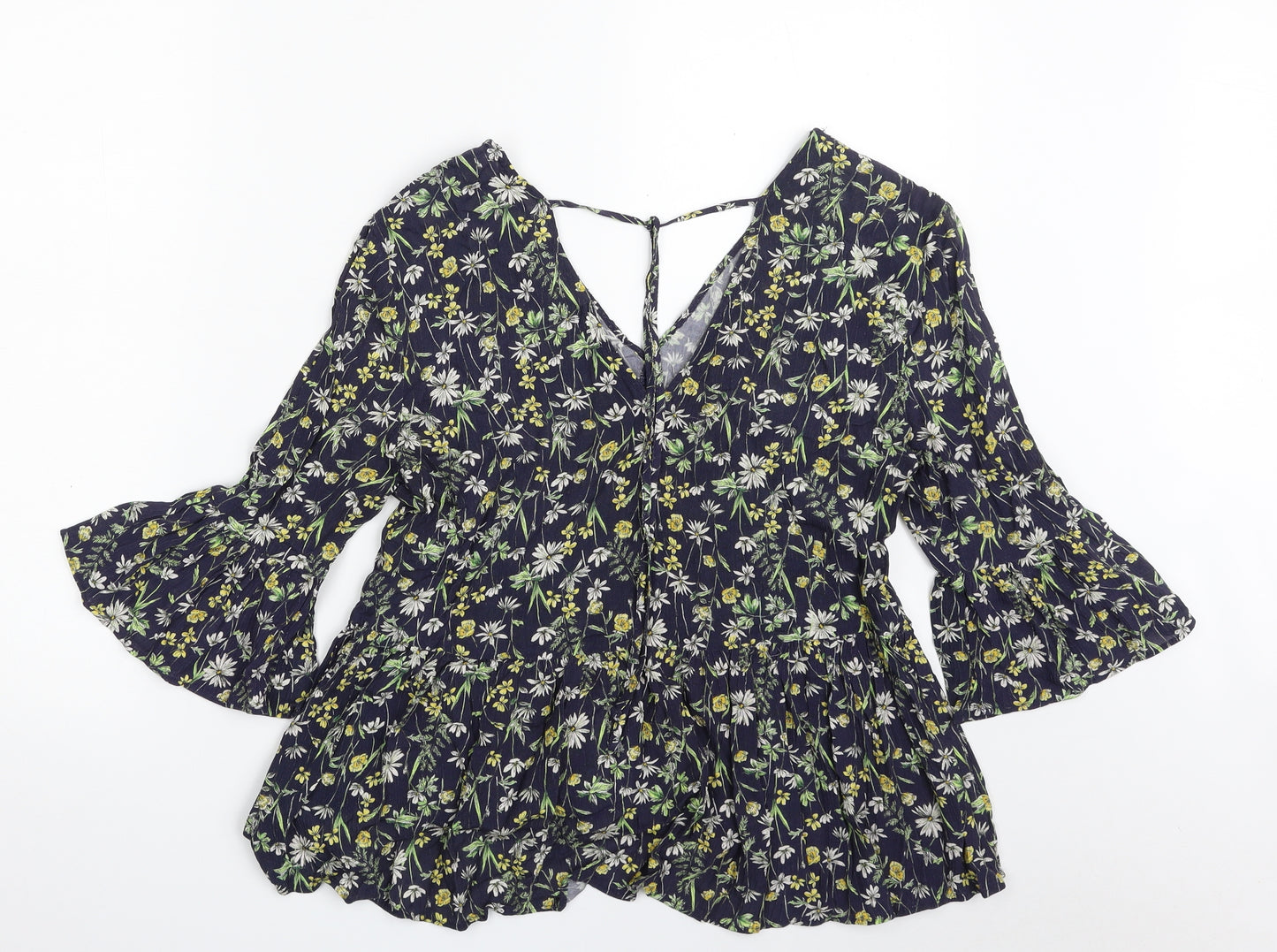 F&F Womens Blue Floral Viscose Basic Blouse Size 8 V-Neck - Tie