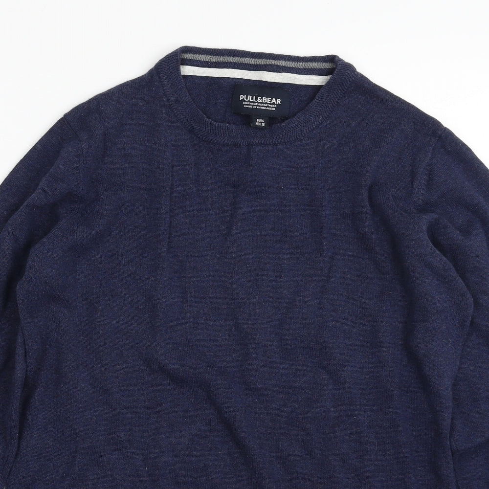 Pull&Bear Mens Blue Crew Neck  Cotton Pullover Jumper Size S