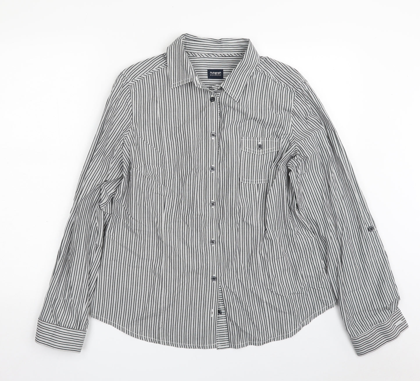 Autograph Womens Black Striped 100% Cotton Basic Button-Up Size 14 Collared