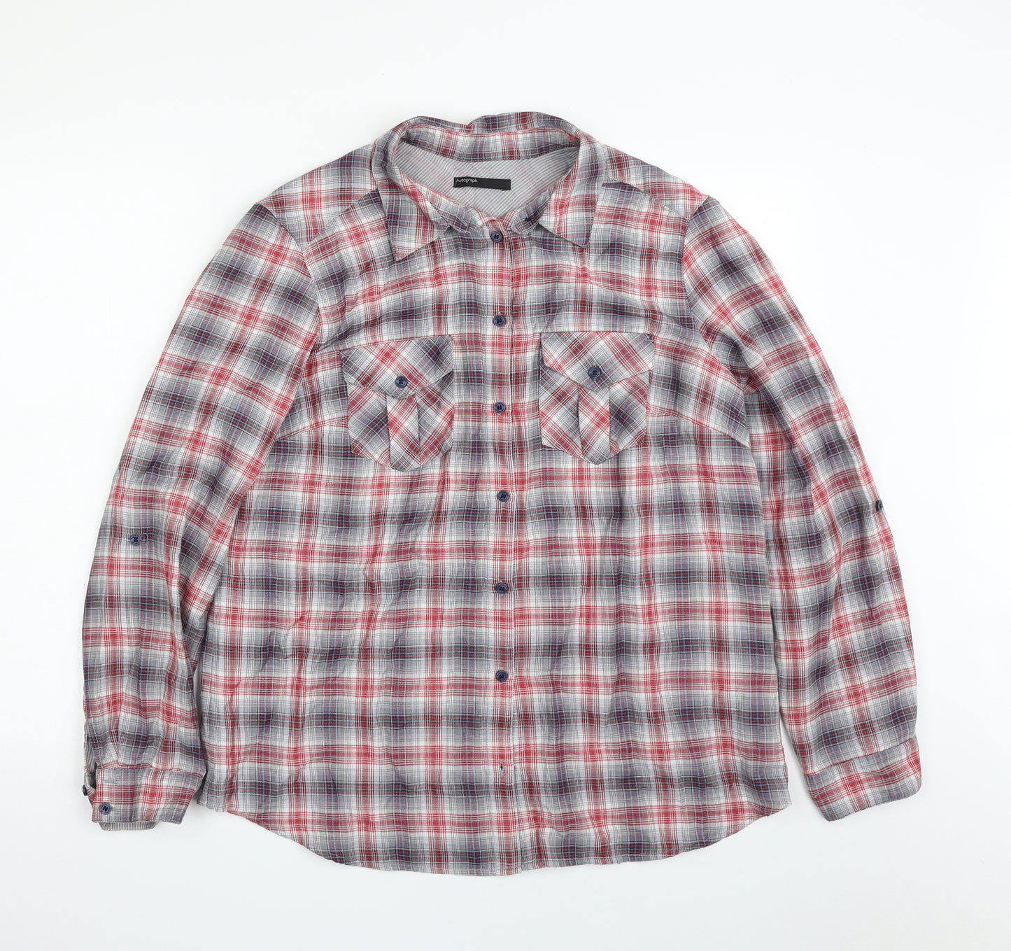 Autograph Womens Red Plaid Cotton Basic Button-Up Size 14 Collared