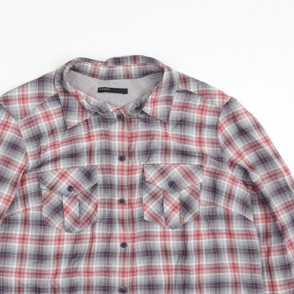 Autograph Womens Red Plaid Cotton Basic Button-Up Size 14 Collared