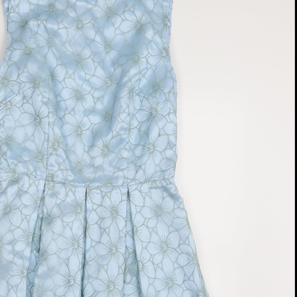 Miss Selfridge Womens Blue Floral Nylon Skater Dress  Size 10  Boat Neck Zip