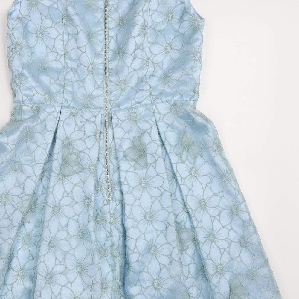 Miss Selfridge Womens Blue Floral Nylon Skater Dress  Size 10  Boat Neck Zip