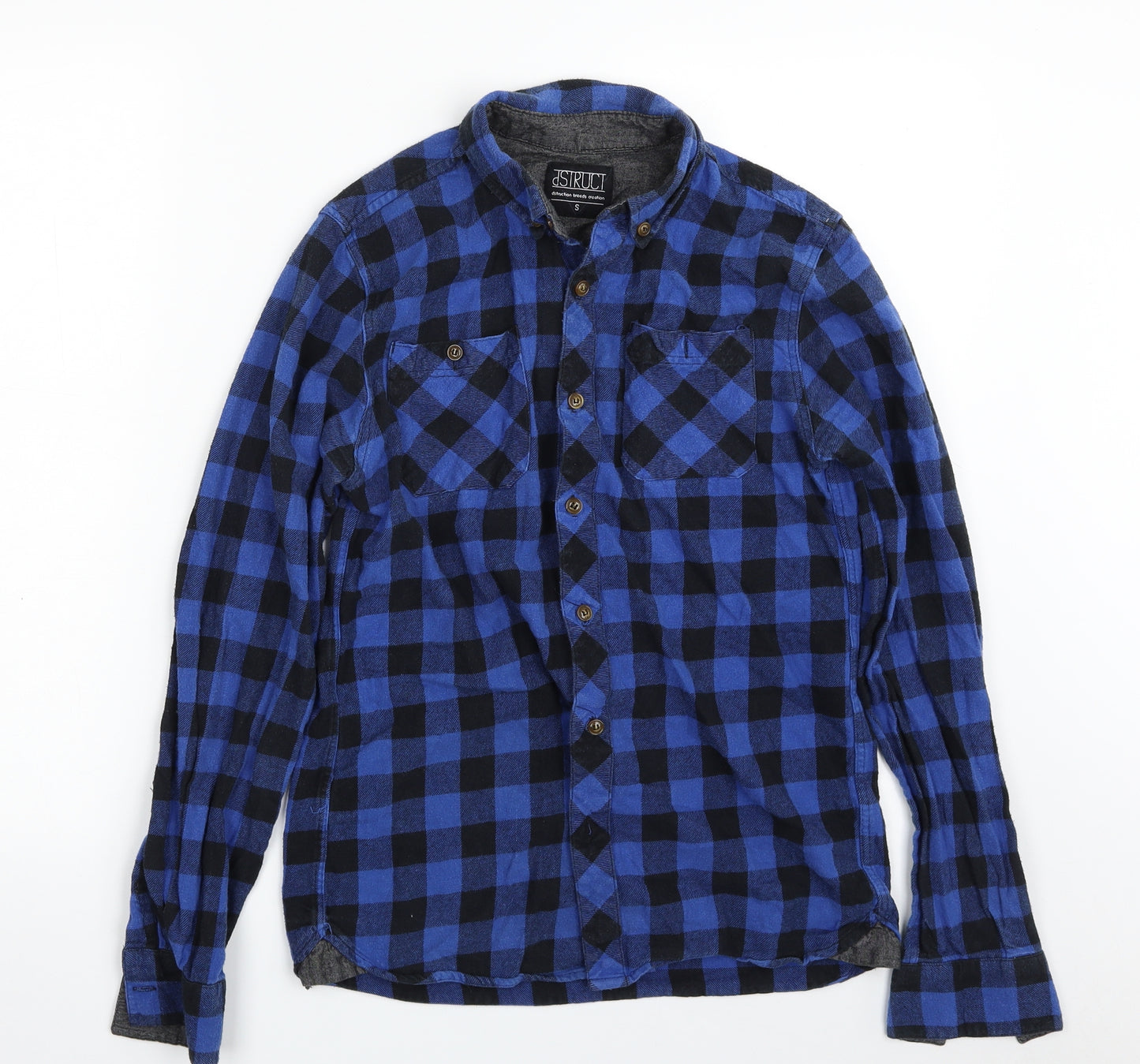 dSTRUCT Mens Blue Check Cotton  Button-Up Size S Collared Button