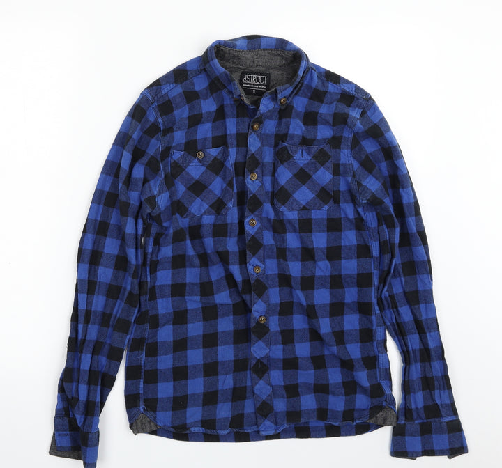 dSTRUCT Mens Blue Check Cotton  Button-Up Size S Collared Button