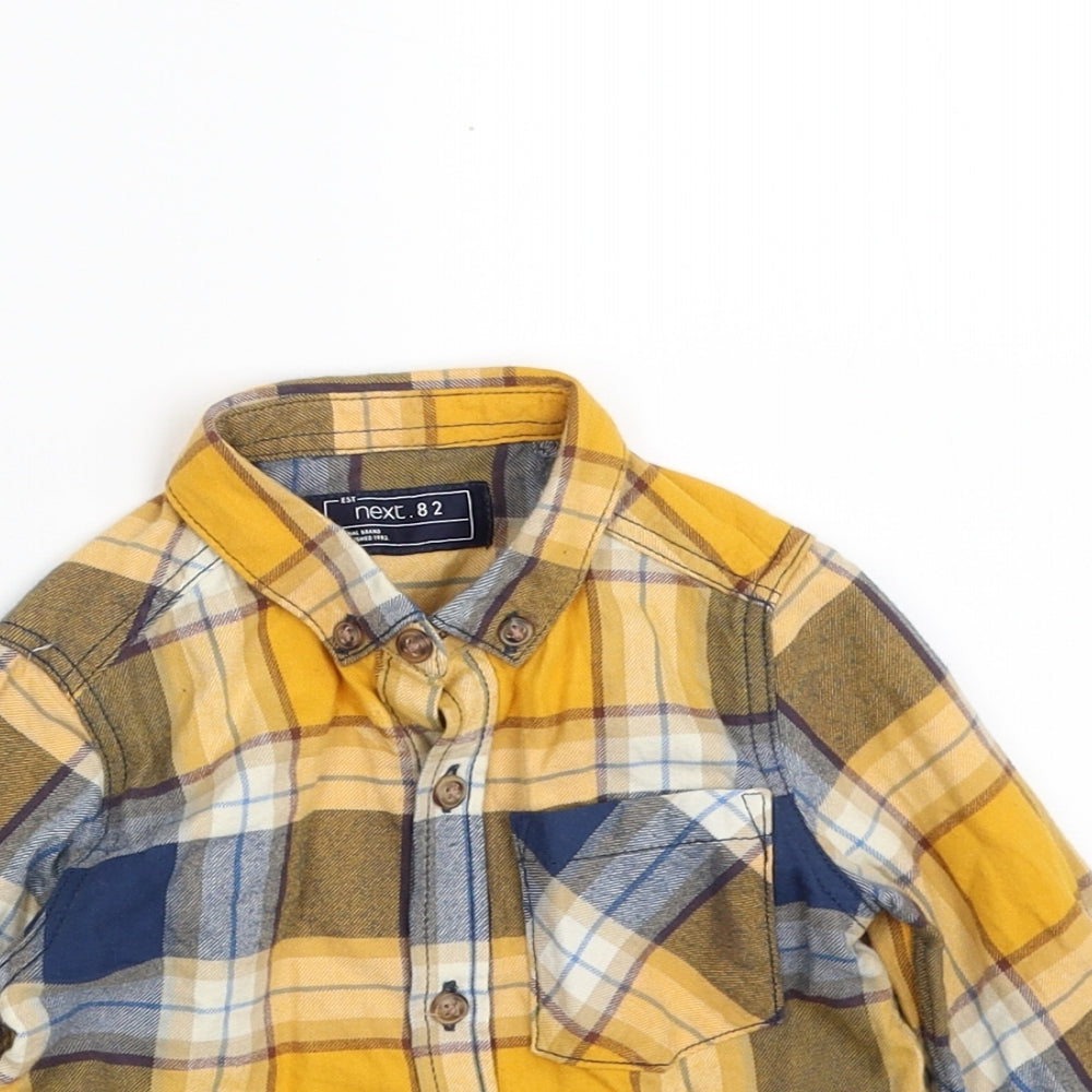 NEXT Boys Yellow Plaid 100% Cotton Basic Button-Up Size 9-12 Months Collared Button
