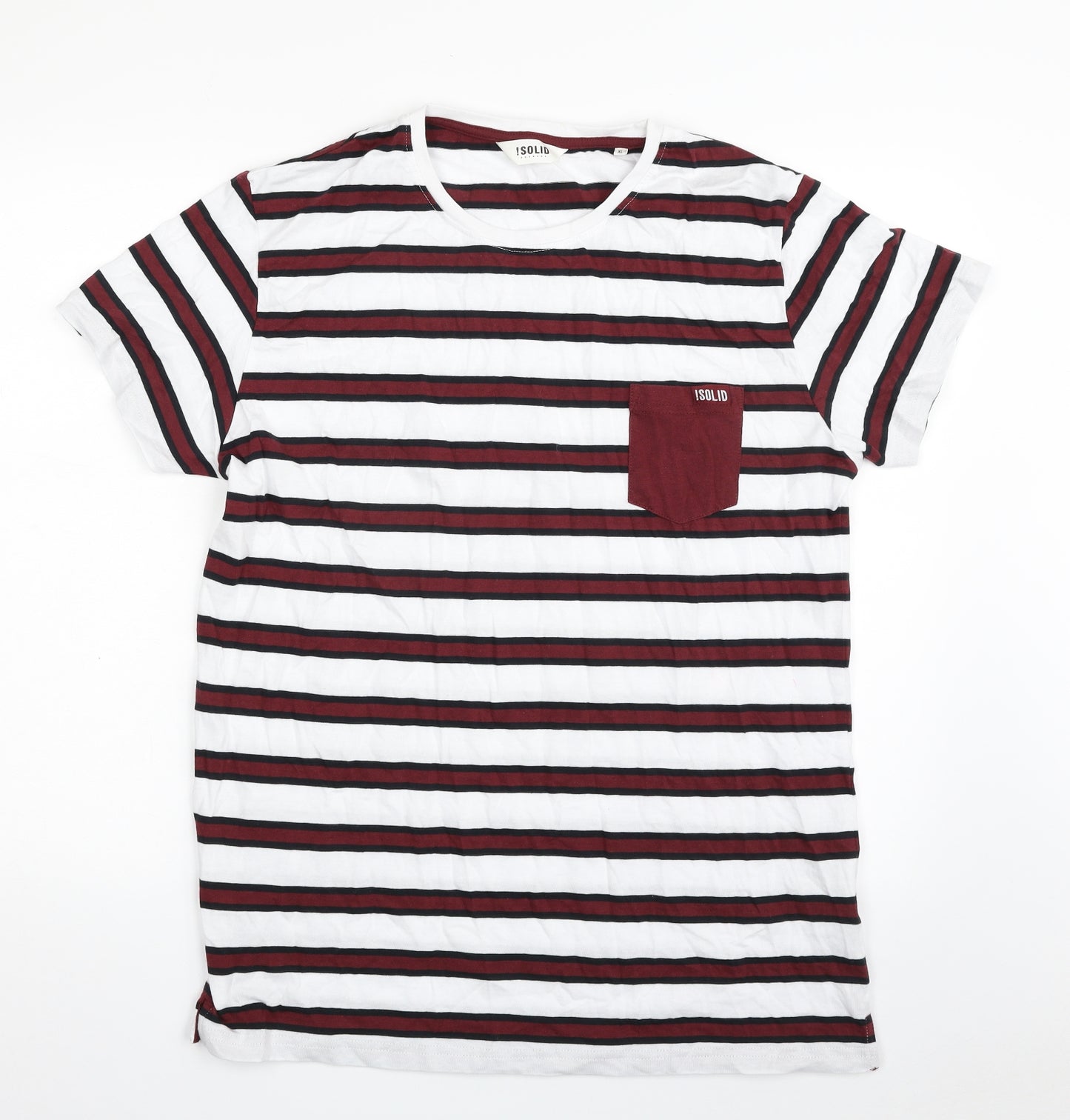 !Solid Mens White Striped Cotton  T-Shirt Size XL Crew Neck