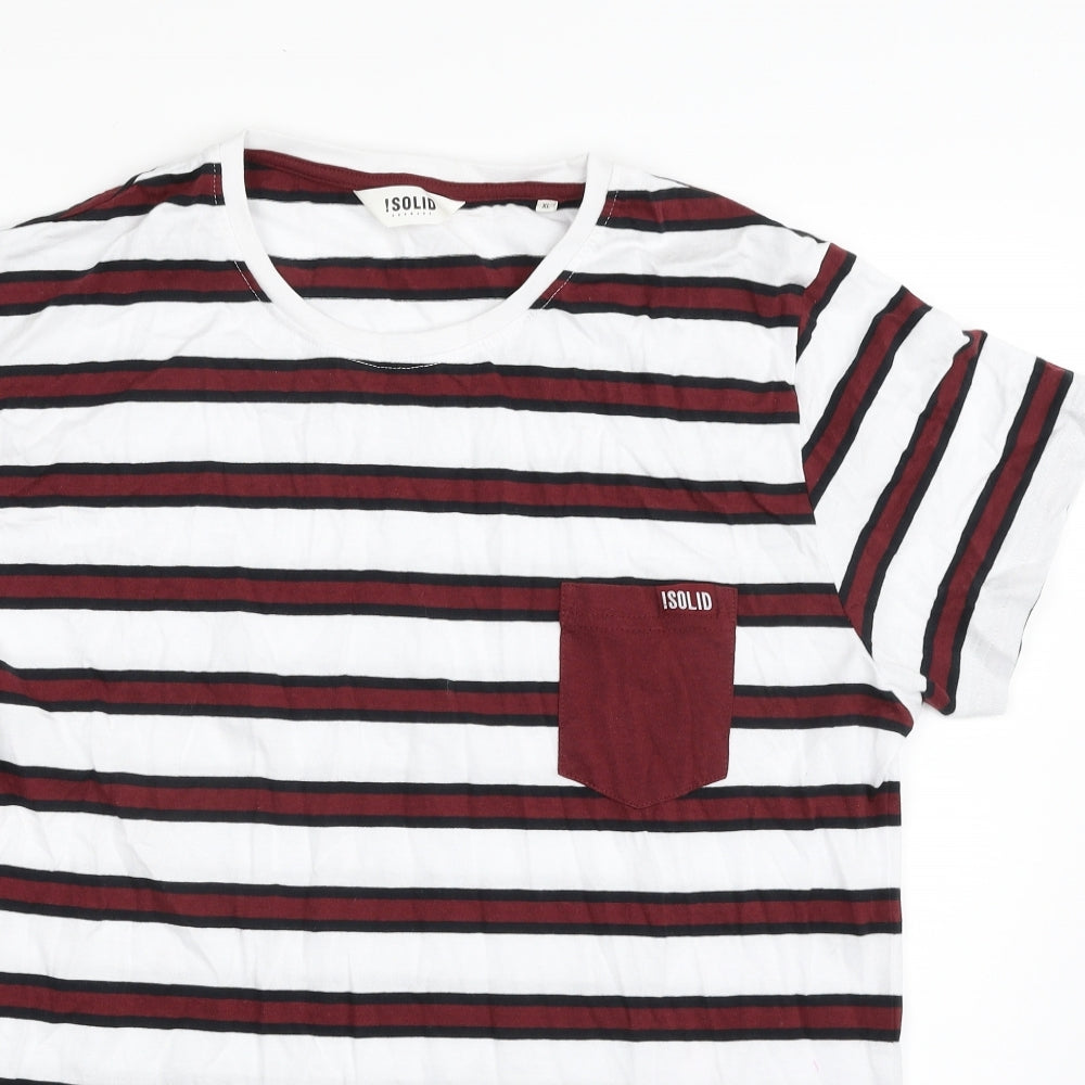 !Solid Mens White Striped Cotton  T-Shirt Size XL Crew Neck