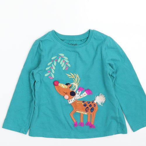NEXT Girls Green  100% Cotton Pullover T-Shirt Size 2-3 Years Crew Neck Pullover - Deer