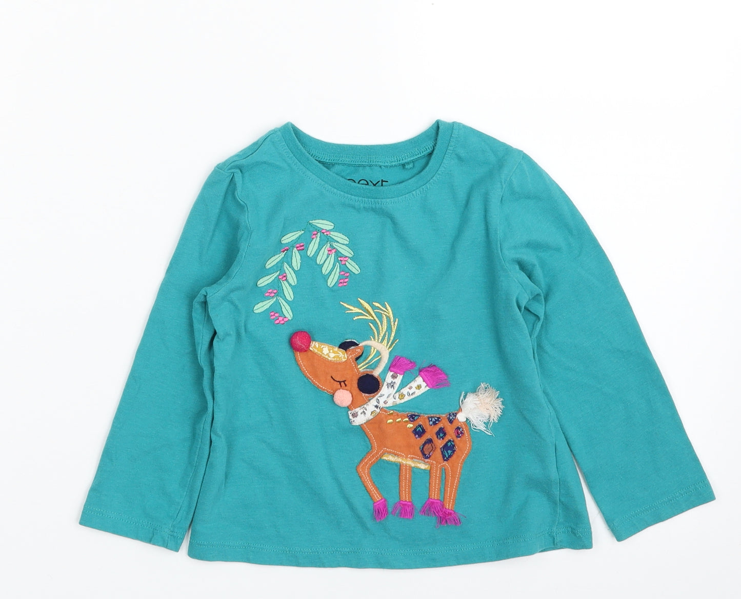 NEXT Girls Green  100% Cotton Pullover T-Shirt Size 2-3 Years Crew Neck Pullover - Deer