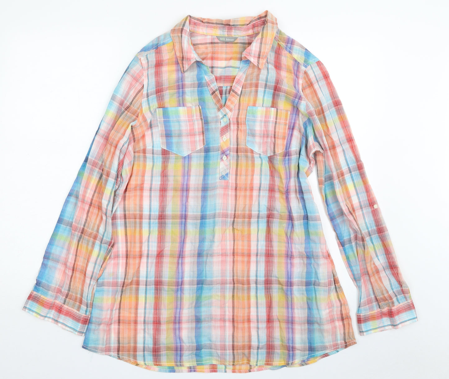 Marks and Spencer Womens Multicoloured Plaid 100% Cotton Basic Button-Up Size 14 Collared