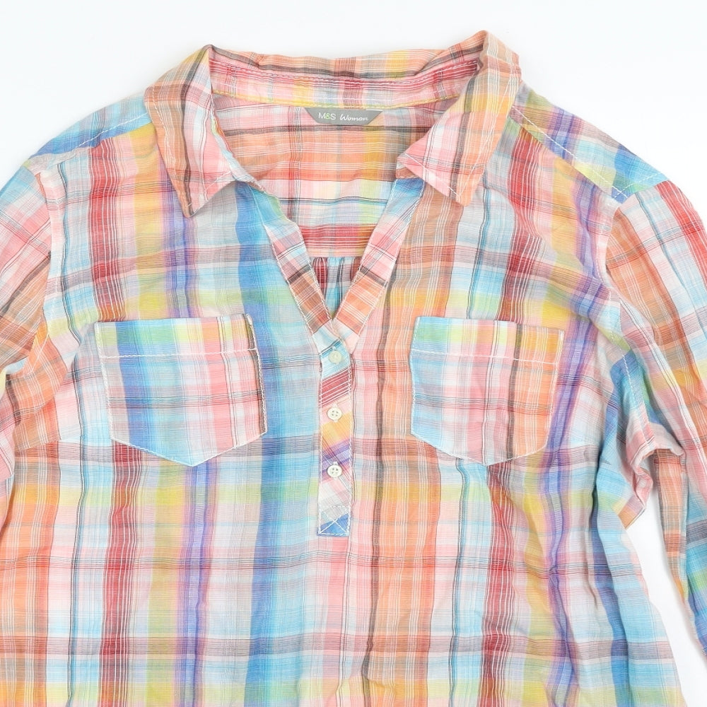 Marks and Spencer Womens Multicoloured Plaid 100% Cotton Basic Button-Up Size 14 Collared