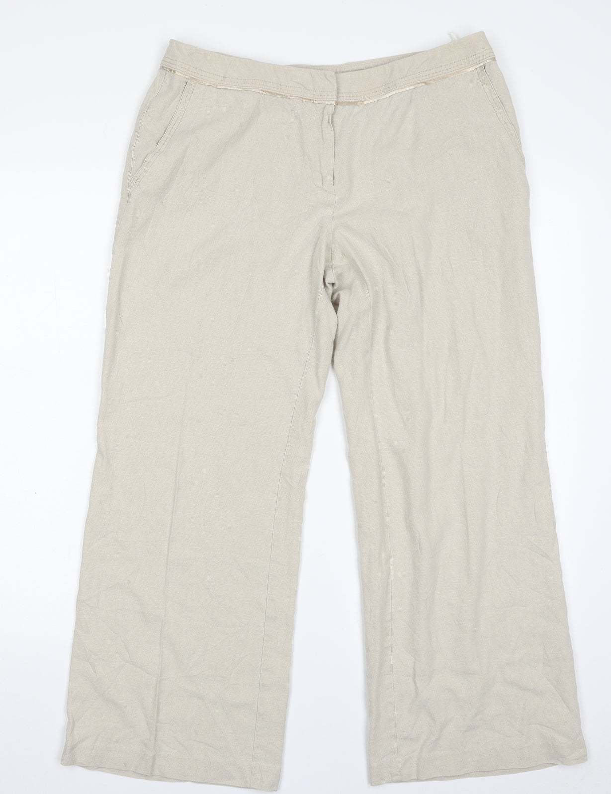 Marks and Spencer Womens Beige  Linen Cropped Trousers Size 14 L26 in Regular Zip