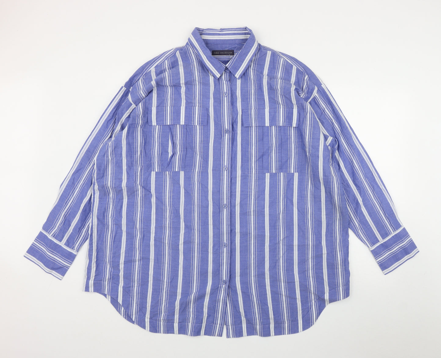 Marks and Spencer Womens Blue Striped Cotton Basic Button-Up Size 24 Collared