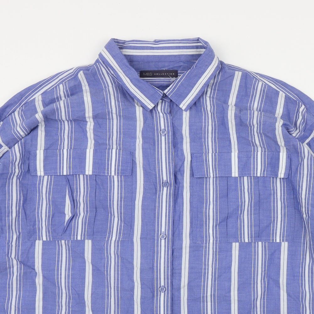 Marks and Spencer Womens Blue Striped Cotton Basic Button-Up Size 24 Collared