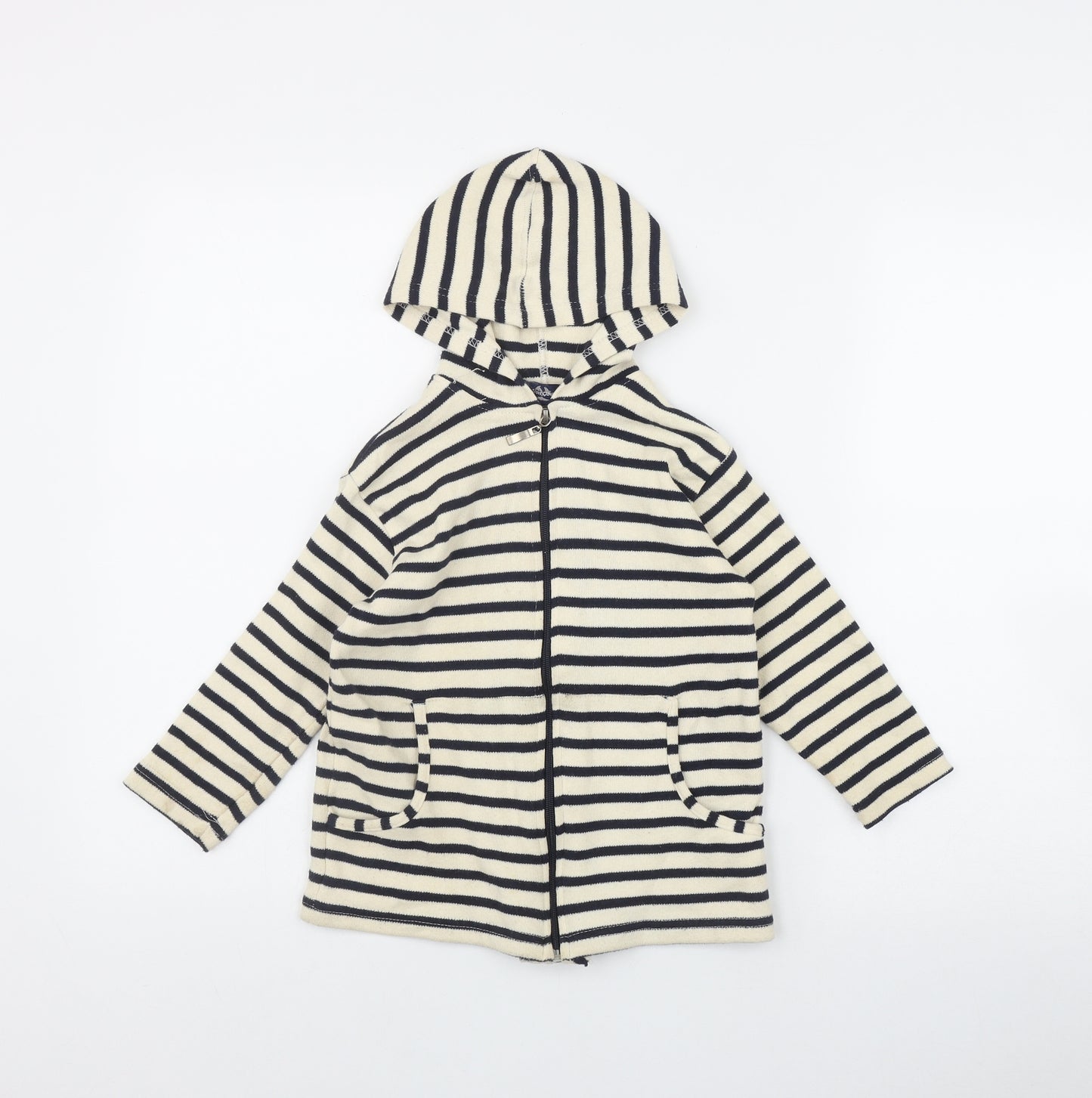 Les Trois Dauphins Girls Ivory Striped Cotton Full Zip Hoodie Size 4 Years  Zip
