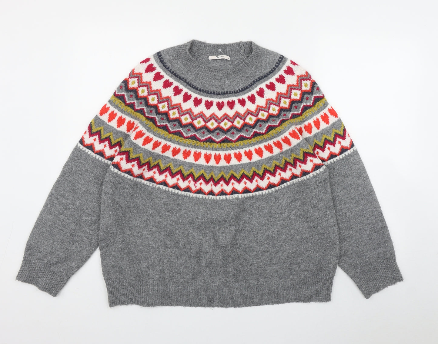 TU Womens Grey Round Neck Fair Isle Acrylic Pullover Jumper Size 14