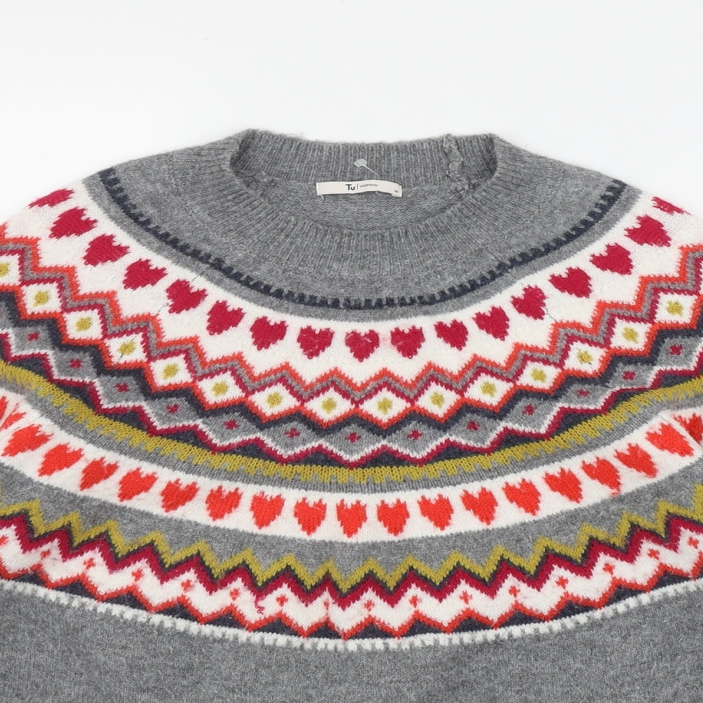 TU Womens Grey Round Neck Fair Isle Acrylic Pullover Jumper Size 14