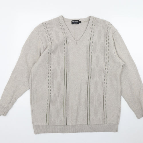 Greenwoods Casual Mens Beige V-Neck  Cotton Pullover Jumper Size L