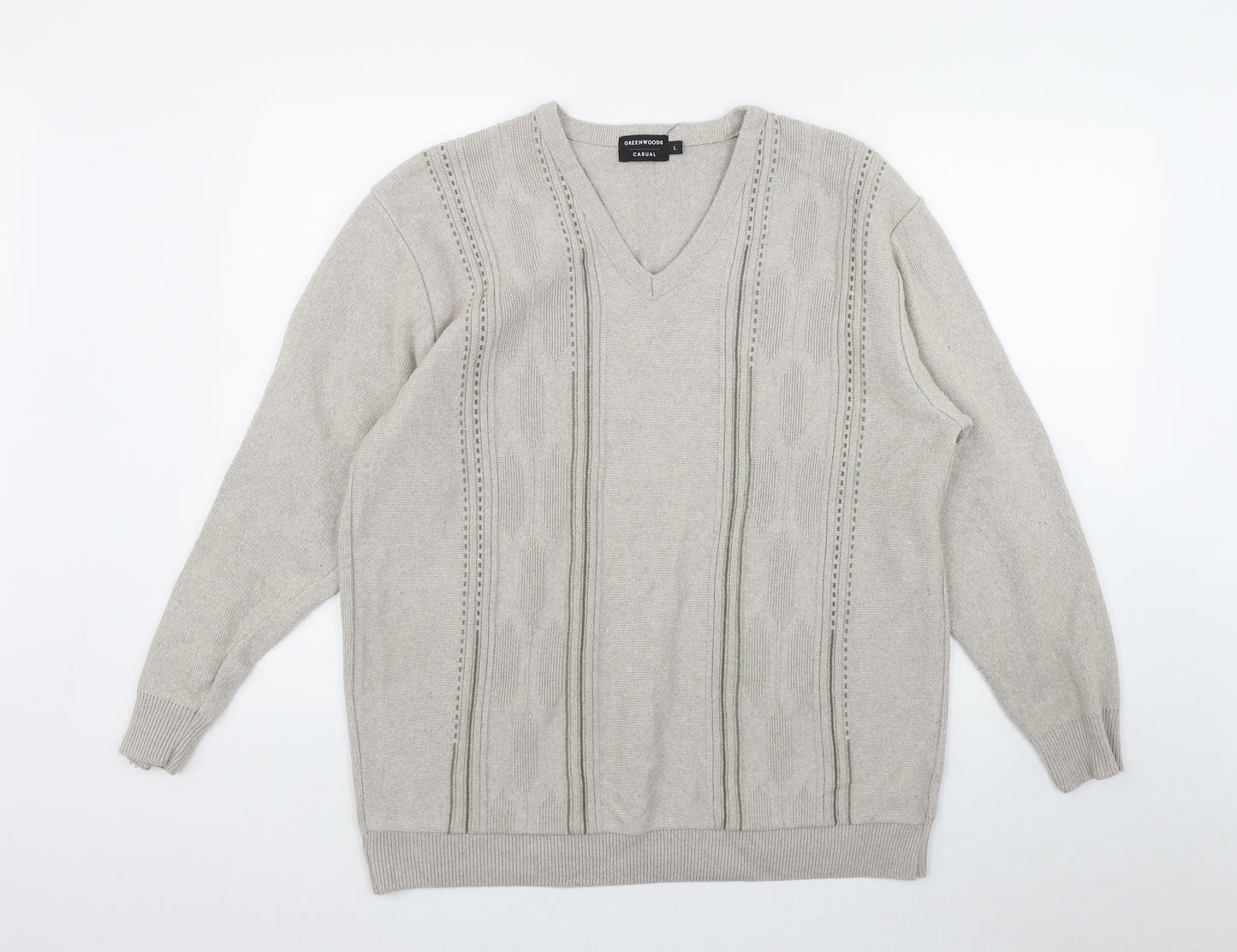 Greenwoods Casual Mens Beige V-Neck  Cotton Pullover Jumper Size L
