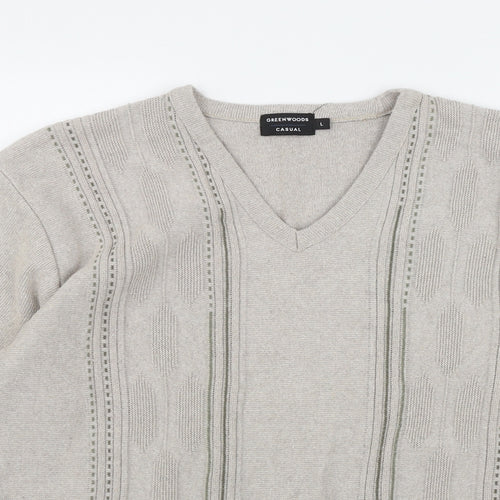Greenwoods Casual Mens Beige V-Neck  Cotton Pullover Jumper Size L