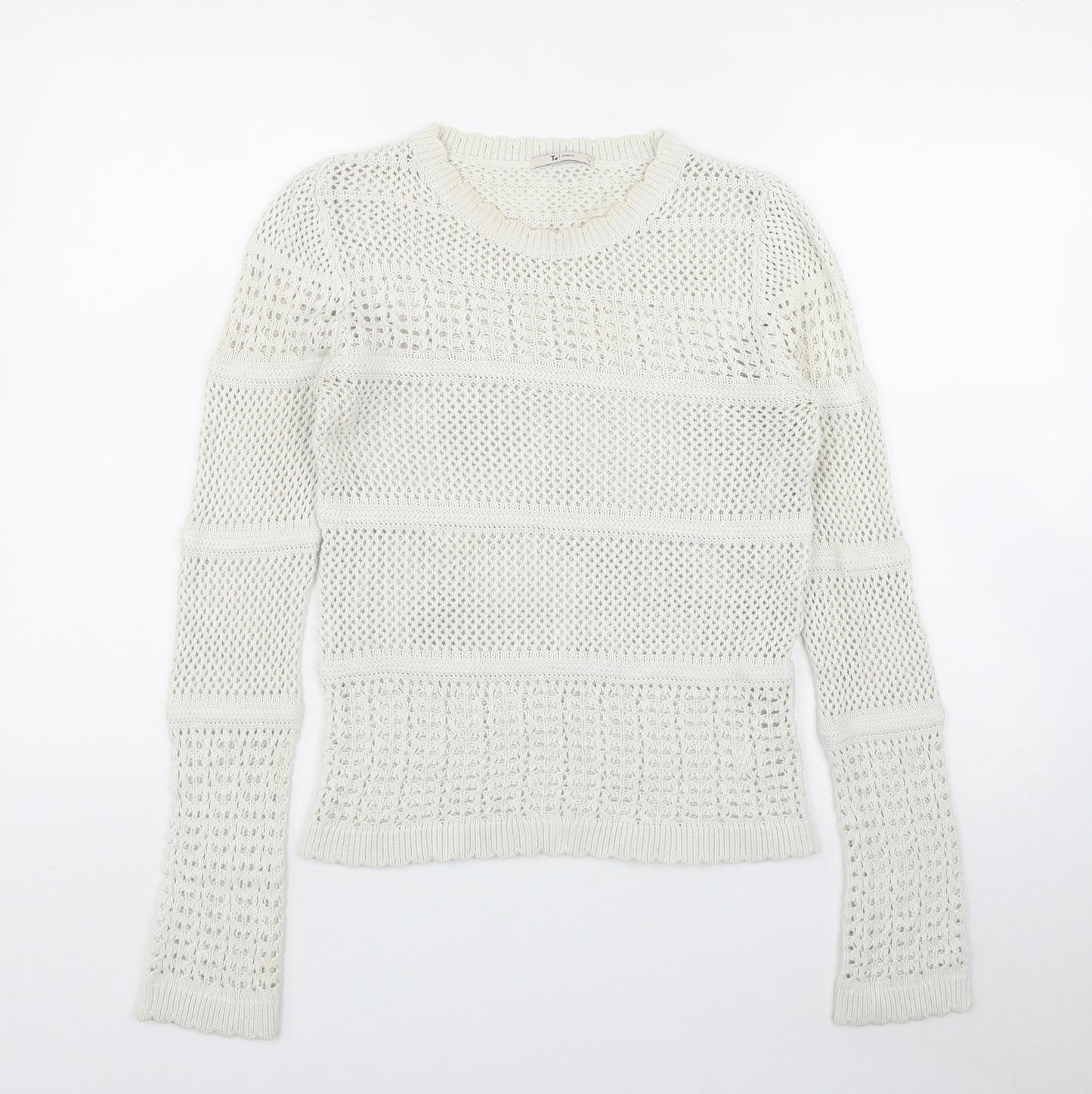 TU Womens Ivory Round Neck Striped Cotton Pullover Jumper Size 8