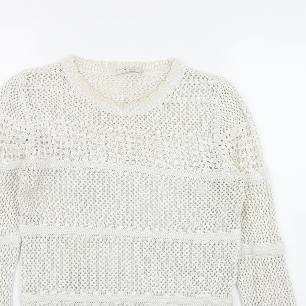 TU Womens Ivory Round Neck Striped Cotton Pullover Jumper Size 8