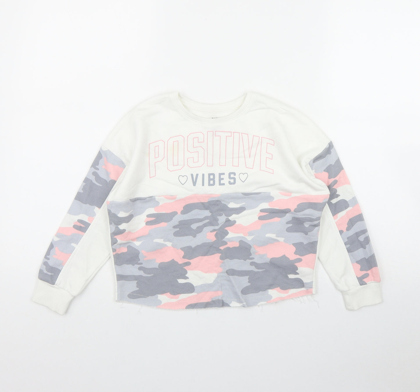 F&F Girls White Camouflage Cotton Pullover Sweatshirt Size 6-7 Years   - 'Positive Vibes'