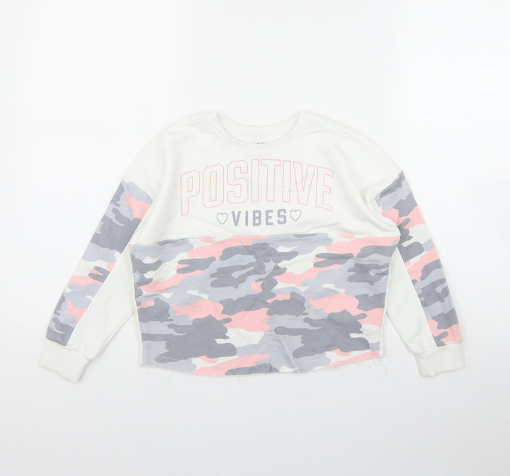 F&F Girls White Camouflage Cotton Pullover Sweatshirt Size 6-7 Years   - 'Positive Vibes'