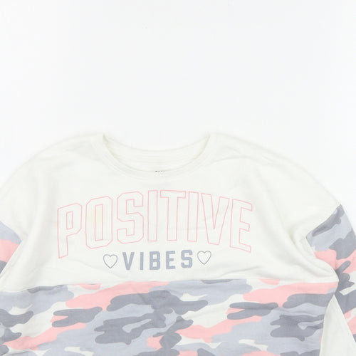 F&F Girls White Camouflage Cotton Pullover Sweatshirt Size 6-7 Years   - 'Positive Vibes'